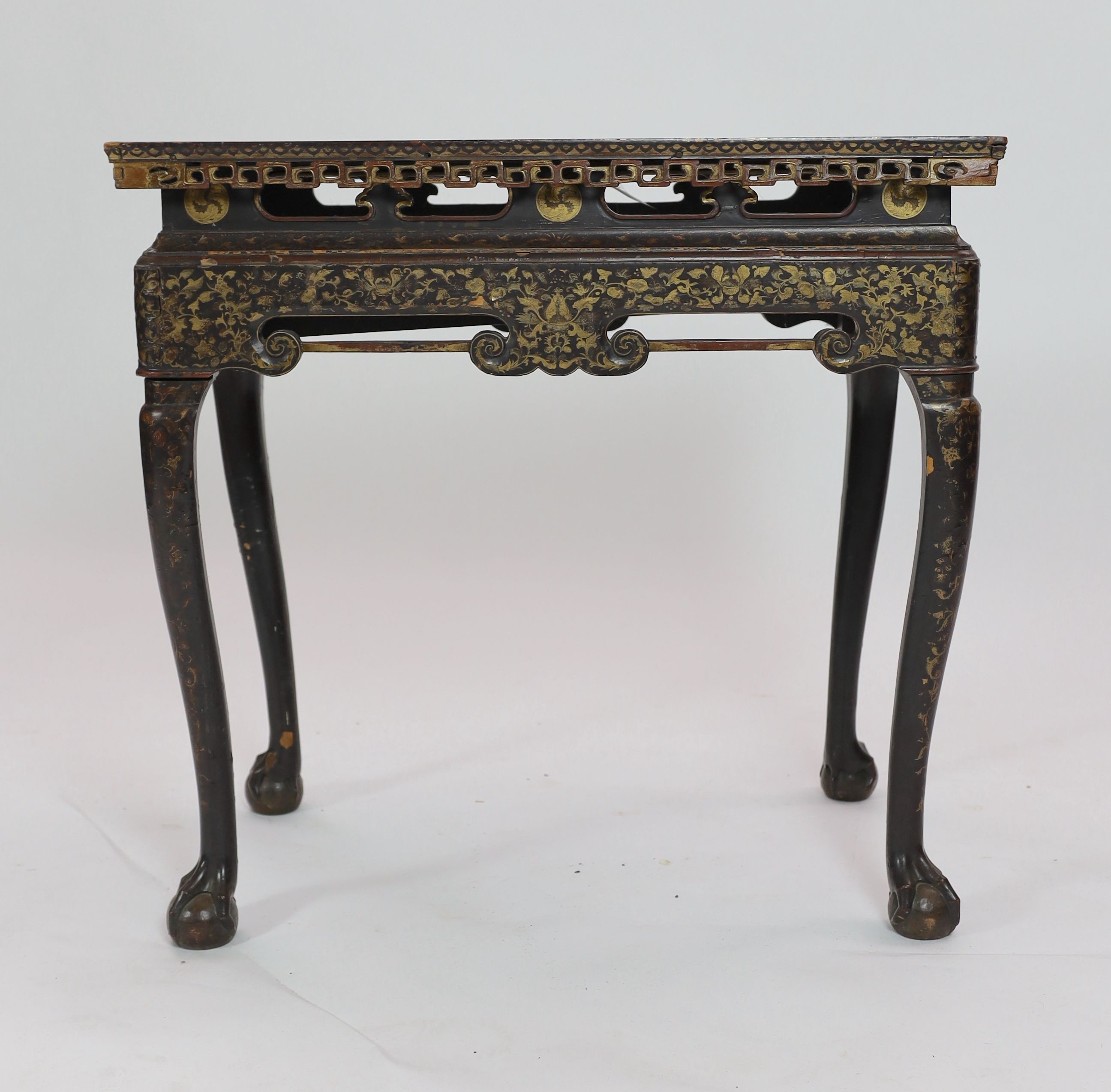 A Chinese export black lacquer and parcel-gilt stand, second half 18th Century, width 78cm, depth 48cm, height 74cm